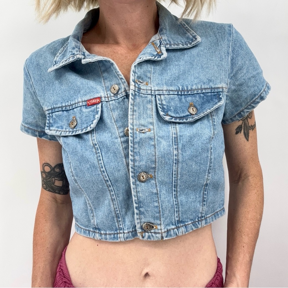 Vintage 90s Tickets Jean Jacket 5/6 Cropped Short Sleeve Western Cowgirl Denim